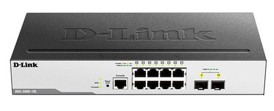 D-Link DGS-3000-10L/B1A, L2 Managed Switch with 8 10/100/1000Base-T ports and 2 1000Base-X SFP ports.16K Mac address, 802.3x Flow Control, 4K of 802.1Q VLAN, VLAN Trunking, 802.1p Priority Queues, Tr
