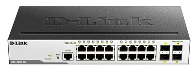 D-Link DGS-3000-20L/B1A, L2 Managed Switch with 16 10/100/1000Base-T ports and 4 1000Base-X SFP ports.16K Mac address, 802.3x Flow Control, 4K of 802.1Q VLAN, VLAN Trunking, 802.1p Priority Queues, T