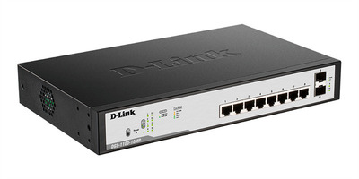 D-Link DGS-1100-10MP/C1A, L2 Smart Switch with 8 10/100/1000Base-T ports and 2 1000Base-X SFP ports (8 PoE ports 802.3af/802.3at(30 W), PoE Budget 130 W).16K Mac address, 802.3x Flow Control, 802.3a