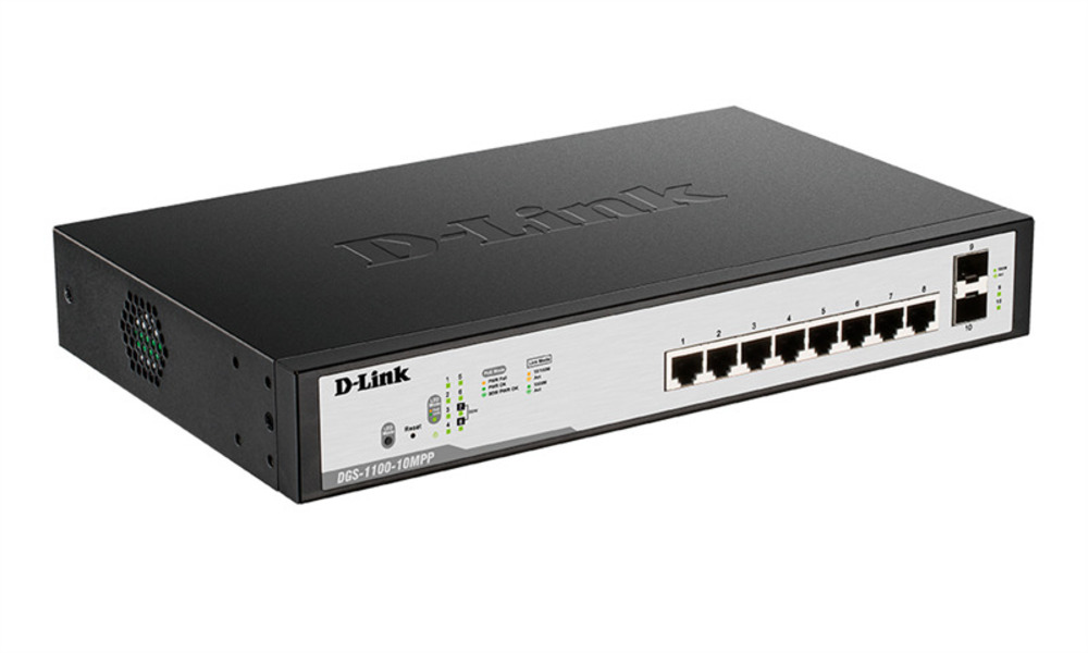 "D-Link DGS-1100-10MPP/C1A, L2 Smart Switch with 8 10/100/1000Base-T and 2 1000Base-X SFP ports (6 PoE ports 802.3af/802.3at(30 W), 2 PoE ports 802.3af/802.3at/UPoE 802.3bt draft (75 W) PoE Budget 242