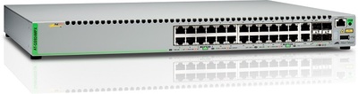 Allied Telesis Gigabit Ethernet Managed switch with 24 10/100/1000T POE ports, 2 SFP/Copper combo ports, 2 SFP/SFP+ uplink slots, single fixed AC power supply