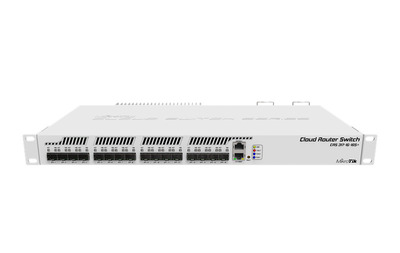 MikroTik Cloud Router Switch 317-1G-16S+RM with 800MHz CPU, 1GB RAM, 1xGigabit LAN, 16xSFP+ cages, RouterOS L6 or SwitchOS (dual boot), passive cooling 1U rackmount enclosure, Dual redundant PSU