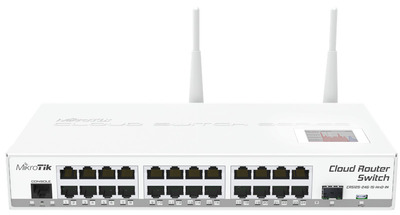 MikroTik Cloud Router Switch 125-24G-1S-IN with Atheros AR9344 CPU, 128MB RAM, 24xGigabit LAN, 1xSFP, RouterOS L5, LCD panel, 2.4Ghz 802.11b/g/n wireless, desktop case, PSU