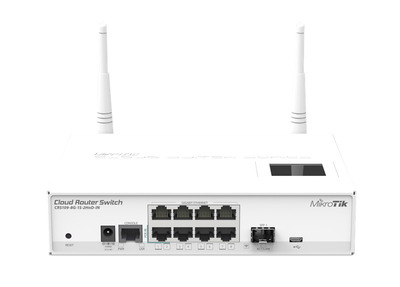 MikroTik Cloud Router Switch 109-8G-1S-2HnD-IN with Atheros AR9344 CPU, 128MB RAM, 8xGigabit LAN, 1xSFP, 2.4Ghz 802.11b/g/n wireless, RouterOS L5, LCD panel, desktop case, PSU