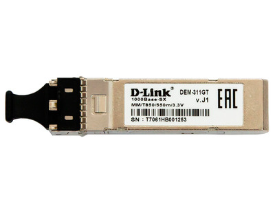 D-Link 311GT/A1A, SFP Transceiver with 1 1000Base-SX port.Up to 550m, multi-mode Fiber, Duplex LC connector, Transmitting and Receiving wavelength: 850nm, 3.3V power.