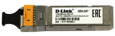 D-Link 330T/10KM/A1A, WDM SFP Transceiver with 1 1000Base-BX-D port.Up to 10km, single-mode Fiber, Simplex LC connector, Transmitting and Receiving wavelength: TX-1550nm, RX-1310nm, 3.3V power.