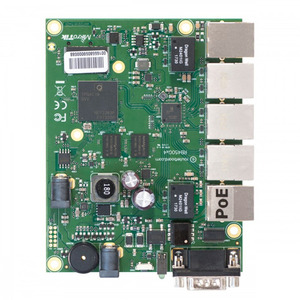 MikroTik RouterBOARD 450Gx4 with four core 716MHz Atheros CPU, 1 GB RAM, 5 Gigabit LAN ports, PoE OUT on port #5, RouterOS L5