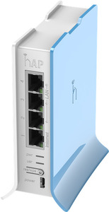 MikroTik hAP Lite with 650MHz CPU, 32MB RAM, 4xLAN, built-in 2.4Ghz 802.11b/g/n 2x2 two chain wireless with integrated antennas, RouterOS L4, tower case, PSU