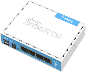 MikroTik hAP lite with 650MHz CPU, 32MB RAM, 4xLAN, built-in 2.4Ghz 802.11b/g/n 2x2 two chain wireless with integrated antennas, RouterOS L4, desktop case, PSU