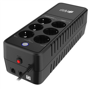 ИБП HIPER APX-600, Standby, 650ВА(360Вт), LED, RJ45/11, 6*Schuko socket, 1х12V/5Ah,USB-порт, чёрный
