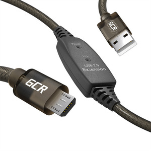 GCR Кабель для Принтера, МФУ, активный 10.0m USB 2.0, AM/microB, черно-прозрачный, с усилителем сигнала, разъём для доп.питания, 28/24 AWG