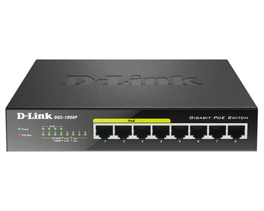 D-Link DGS-1008P/D1A, L2 Unmanaged Switch with 8 10/100/1000Base-T ports (4 PoE ports 802.3af/802.3at (30 W), PoE Budget 68). 8K Mac address, Auto-sensing, 802.3x Flow Control, Stand-alone, Auto MDI/M